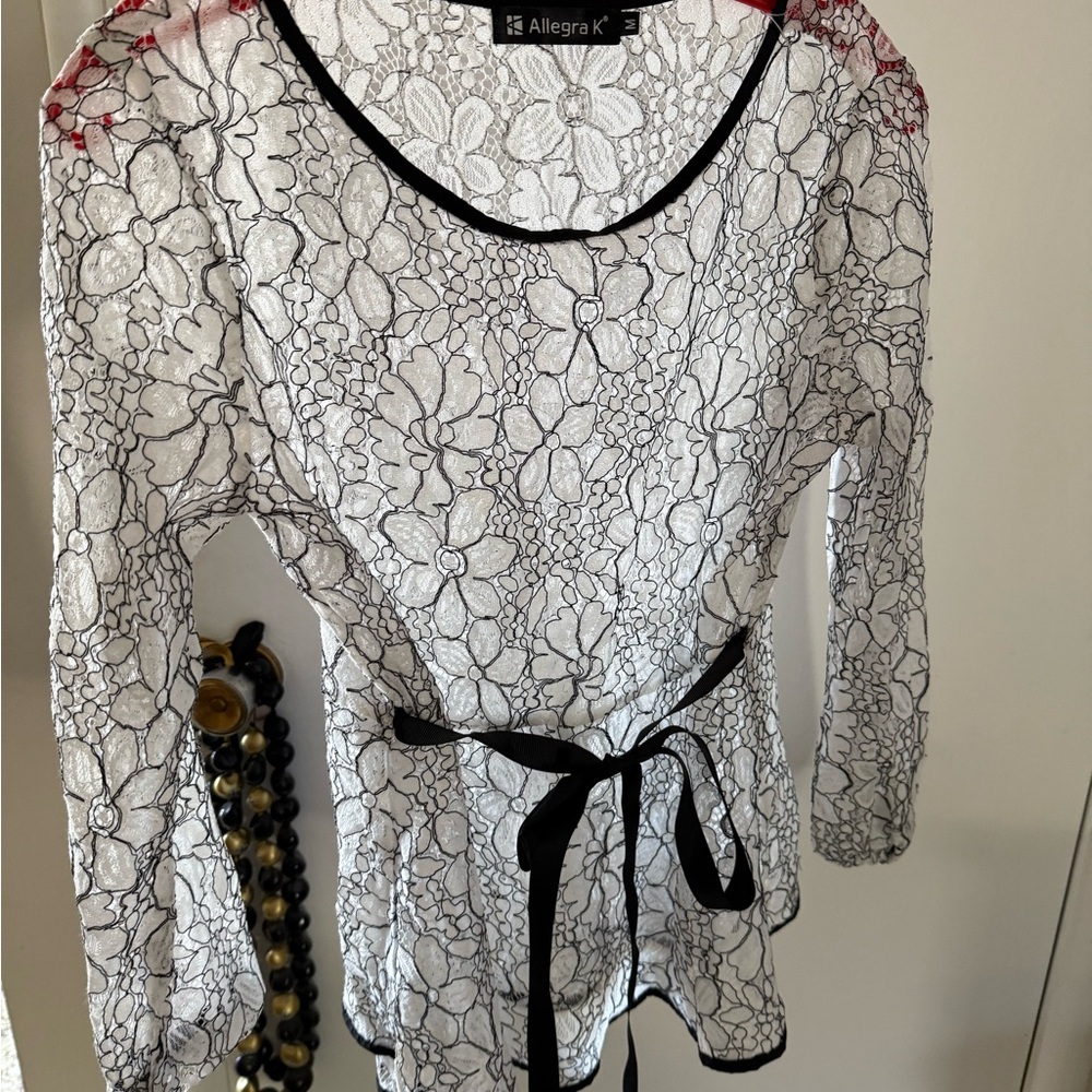 Allegra K Women's Black and White Lace Floral Blouse
